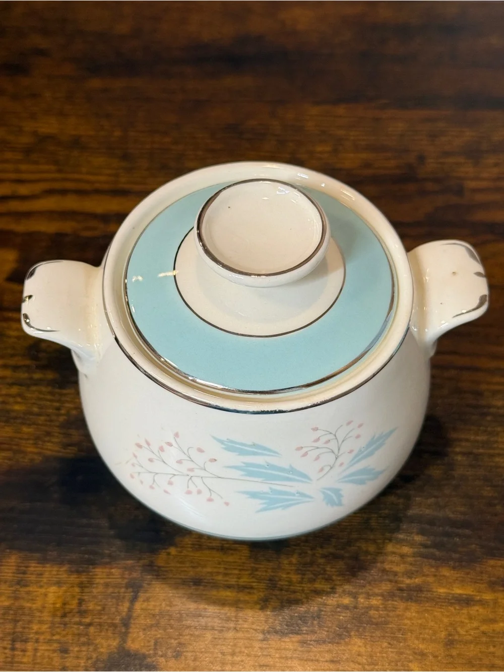 Vintage Mid Century Creamer & Sugar Bowl Set Aqua Blue Pink Floral Silver Trim